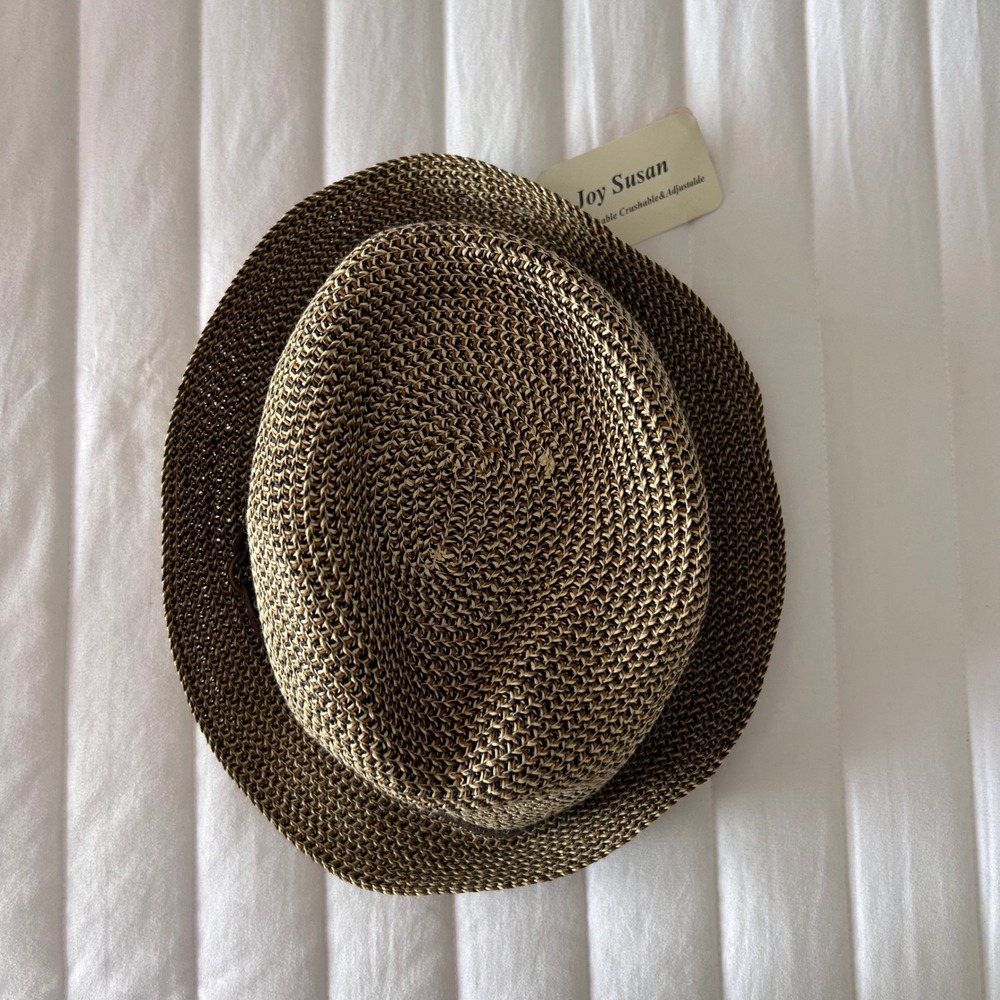 Joy Susan Women Brown Straw Packable Crushable Fedora Hat‎ Leather Trim
